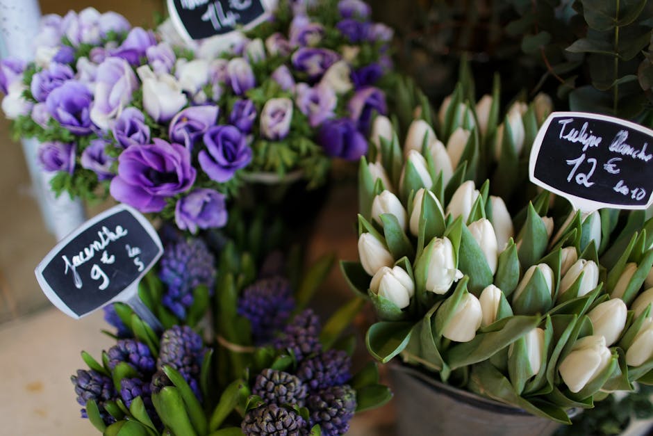 A floral display featuring a bouquet of purple and lavender lisianthus flowers with ruffled petals, arranged alongside a collection of white tulips with closed buds and green stems. The tulips have sm