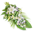 The photograph shows a dignified sympathy spray designed in a long, tapered form, placed diagonally on a pure white background so every element can be clearly seen. The upper section is dense with blooms, gradually narrowing into a fine point that feels deliberate and peaceful, like a gentle farewell. Central to the design are white oriental lilies, some fully open, their graceful, star-shaped petals framing soft stamens, others still in bud, their pale green sheaths holding the promise of future blossom. These lilies suggest purity, remembrance, and a quiet blessing over the life being honoured, whether at a church service in Worcester Park or a nearby crematorium. Nestled among them are clusters of lisianthus flowers, white and softly ruffled, with fine lavender and light purple edging that adds depth and a muted hint of colour without breaking the calm of the overall design. The flowers rest on a substantial bed of greenery: broad, glossy dark green leaves form a stable base, while slender palm fronds and similar foliage extend from the sides and lower end, emphasising the spray's elongated shape and giving it gentle movement, like a breeze passing through. Some leaves are carefully folded and rolled, creating contemporary, sculptural accents close to the centre that reflect skilled local floristry. The imagined scent is cool and fresh, predominantly lily with green undertones, perfectly suited to the quiet atmosphere of a wake or family gathering. This arrangement carries a tone of respect and tenderness, a floral expression of condolence that feels personal and considered for families in Worcester Park and neighbouring areas.